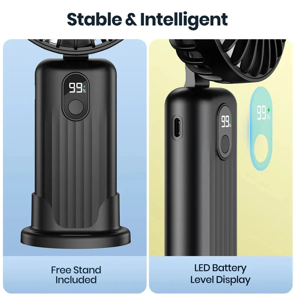 Portable Handheld Fan,2400mAh USB Rechargeable Foldable Fan 3 in 1 Personal Travel Fan with Digital Display Mini Desk Fan