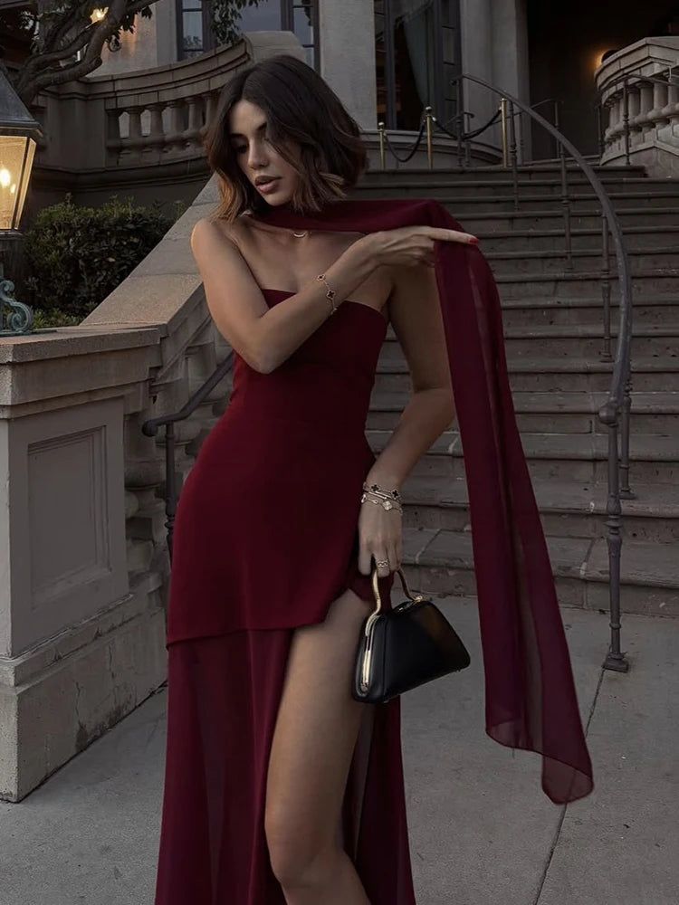 NEW Arrivals UK Size 4 Colors Italian Luxury Fashion Strapless Dress With Ribbon Female Elegant Sleeveless Mesh Evening Beach Night Club Sexy Long Dress Spring Summer Ladies Luxury Fashion Clothing Supplies