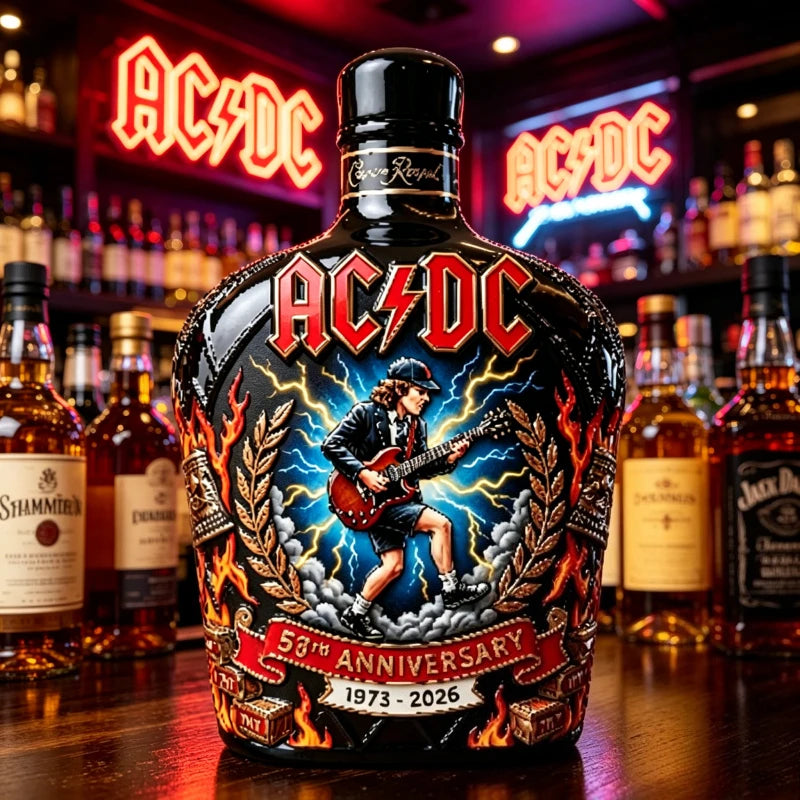 AC/DC Angus Young Lovers 50th Anniversary Collectible Whiskey Bottle 1973-2026 Rock Band Themed Liquor Bottle Collectible Home Bar Decor Gift Pubs Night Club Barware Supplies