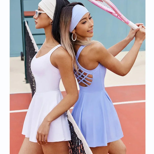 Tennis Dress One-Pieces Jumpsuits Slim Fit Sports Fitness Golf Badminton Skorts Back Cross Tracksuits with Chest Pads Yoga Suits