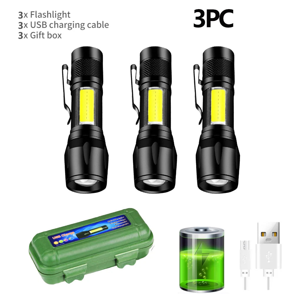3 PCS Set 500m Lighting Distance Rechargeable LED Flashlight 10000LM Zoomable Torch Waterproof 5 Modes with LCD Display  Charging for Camping Hiking Night Walking Emergency Tools
