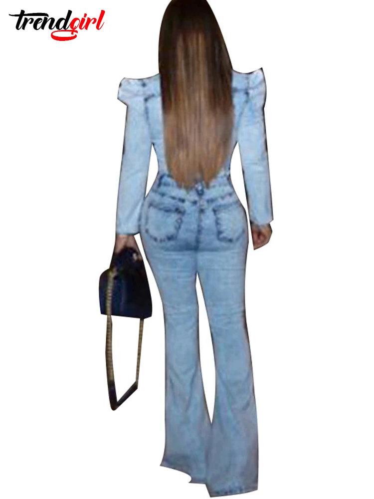 Trendgirl Oversize Long Sleeve Jumpsuit Women Denim Wash Fashion Loose One Piece Flared Pants Jeans Streetwear Female Overalls