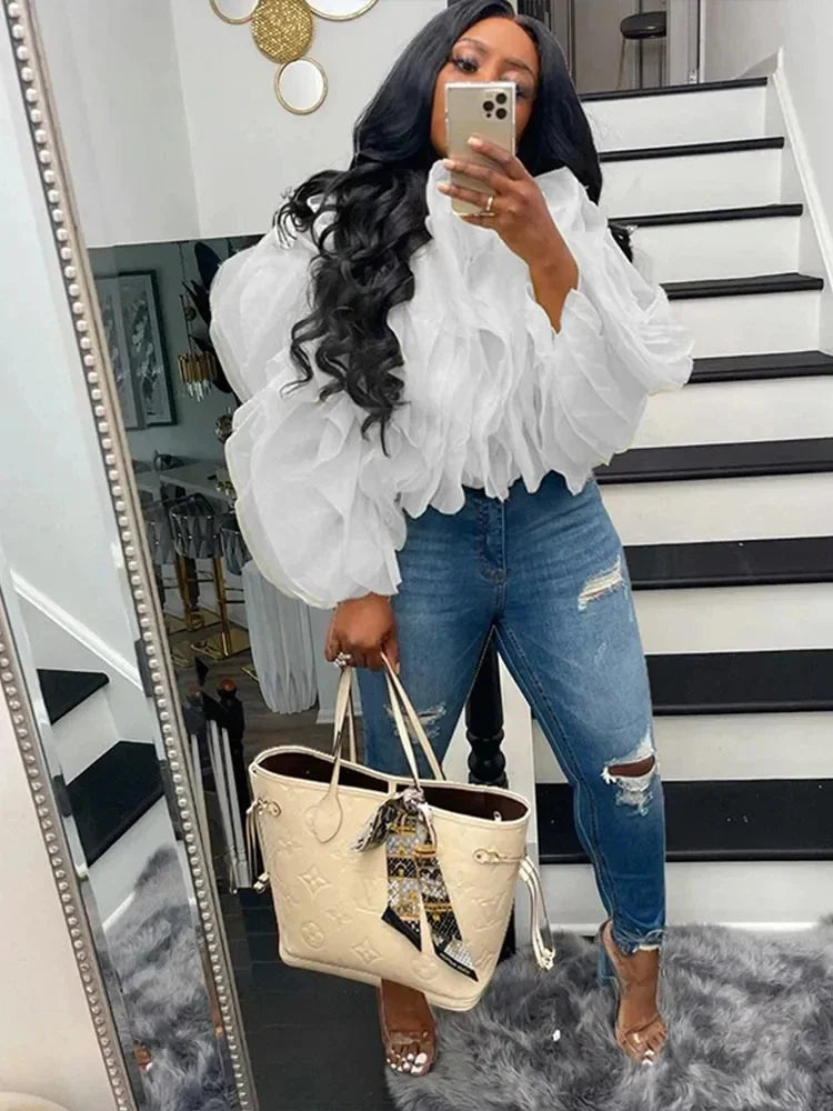 NEW S-3XL UK Plus Size Pink/Khaki Color Women Cascading Petal Chiffon Blouse Sexy Streetwear Cropped Top 2025 Summer Elegant Chic Shirt Ruffled Layered Puff Sleeve Outfits