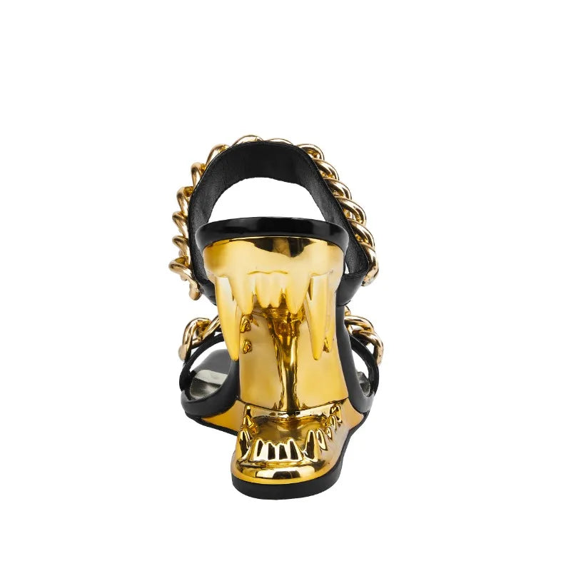 NEW Arrivals Big Gold Chain Peep Toe Tiger Teeth Heel Top Quality Sandals New Fashion Silvery Evening Beach Party Outdoors Women's Slippers Size 35-43