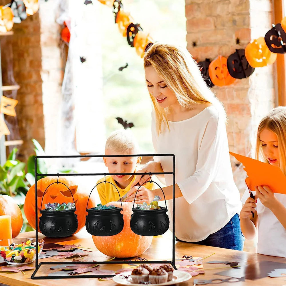 12PCS Set Halloween Scull-Jars Cauldron Decoration,Mini Black Plastic Witches Cauldron,Halloween Candy Basket,Trick Or Treat Bucket