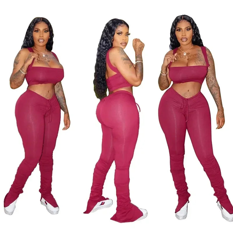 Women Tracksuit Suit 2 Piece Set Skinny Elastic Strapless Tops and Fold Slit Thin Pants Casual Female Sweatshirt Sportswear Suit