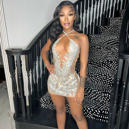 NEW Arrivals Diamonds Rhinestone Evening Party Birthday Dress for Women Night Club Mesh See Through Halter V-Neck Backless Sexy Bodycon Mini Dress