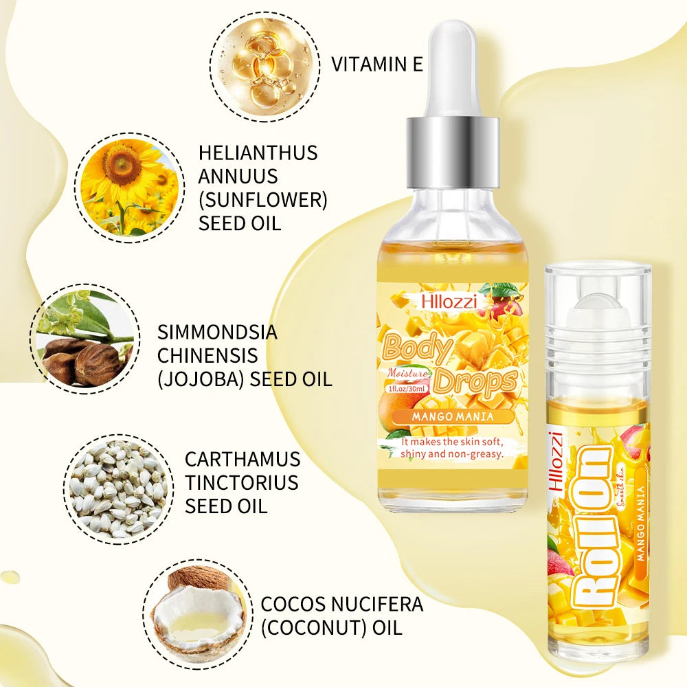 3 PCS Set Mango Body Glaze Drops and Oil Set includes a Rollerball Applicator, Suitable for Dry Skin, Providing Moisturizing Hydrating Skin Care Sets Korean Products
