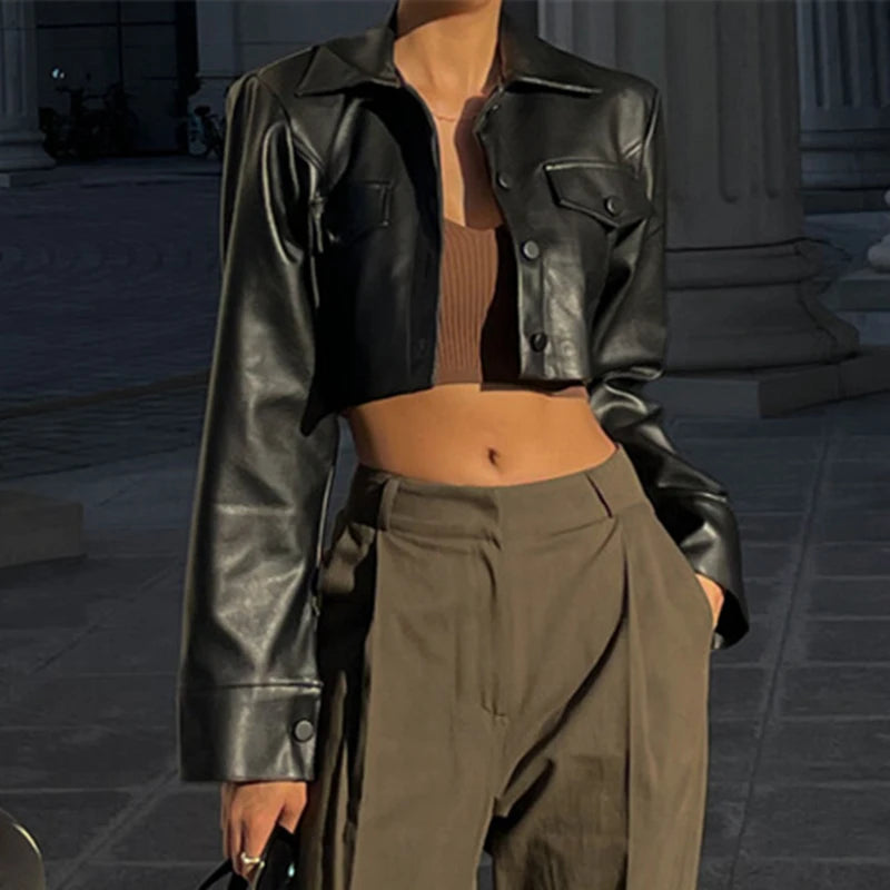 Autumn Faux Leather Short Jacket Turn-down Collar Fashion Botton Decoration Coat Grunge Street Casual Coats