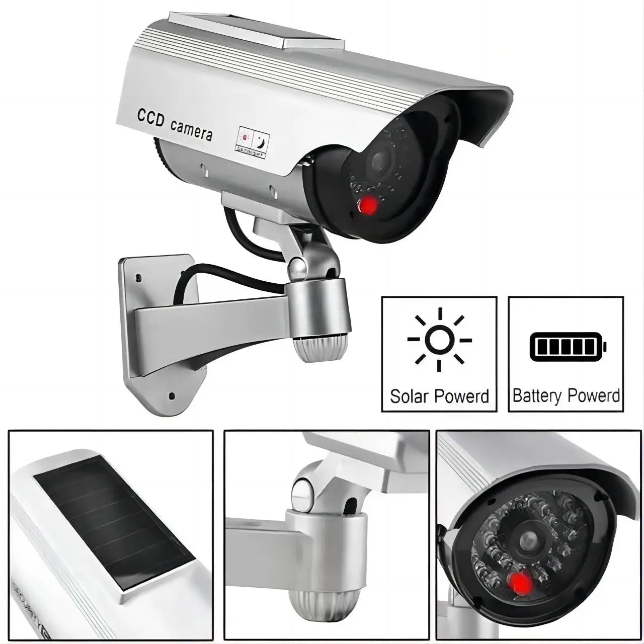 Solar Powers Dummy Security CCTV Camera Indoor Outdoor For Home and Office Surveillance Flashing LED Red Light Waterproof