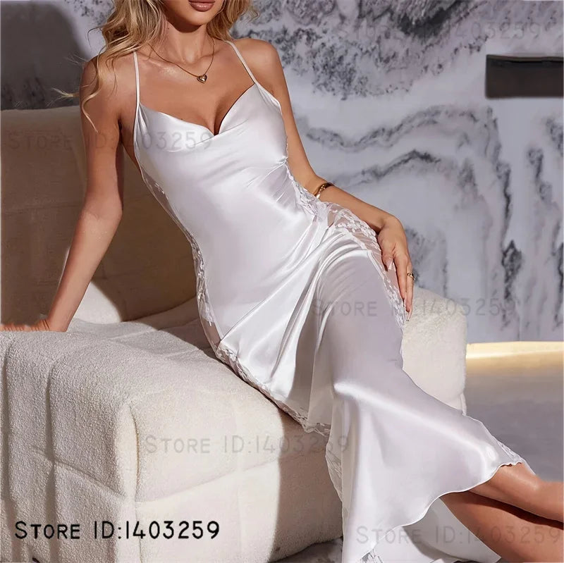 NEW Female White Long Nightgown Chemise Sleepwear Sexy Perspective Lace Nightdress Lingerie Summer New Satin Nightie Home Wear Loungewear