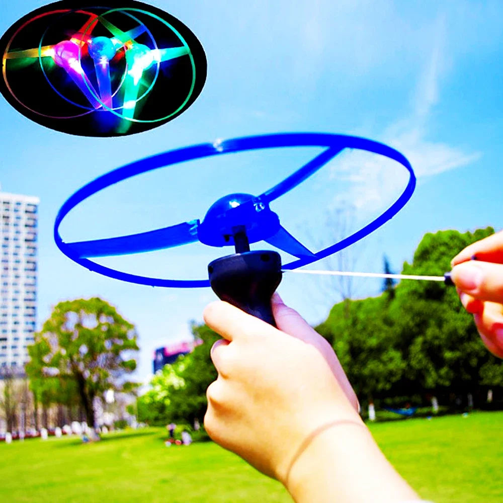 Children Kids Luminous Flying Disc Propeller Toys LED Lighting Pull String Flying UFO Toy Spinning Top Outdoor Game Sports Toy Gift