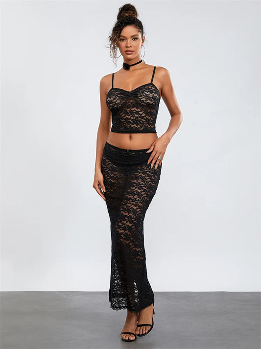 Two Piece Sets Women See Through Lace Bikini Cover Ups Camis Tops + Hollow Out Long Skirts Summer Club Beach Sexy 2Pcs Set