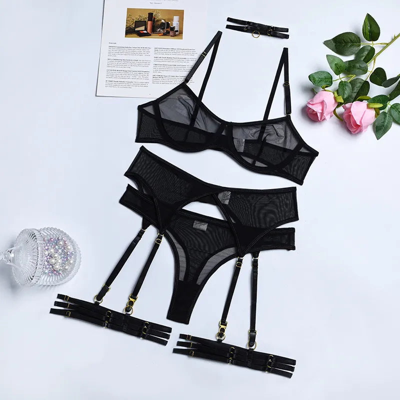 Multi-style 4-piece Lace Bra Set Bra Underwire +Garter Panty Underwear Set Ladies Sexy Lingerie Set Lingerie Sexy Woman Clothes