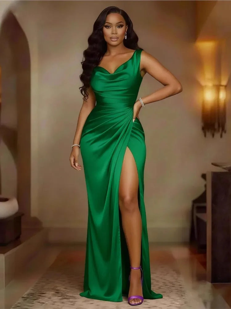 10 Colors S-3XL UK Plus Size Satin Luxury Elegant Women Solid Color Satin Sleeveless Long Dress Summer Sexy Backless High Waist Ruched Slim Fit Hight Split Evening Party Dresses