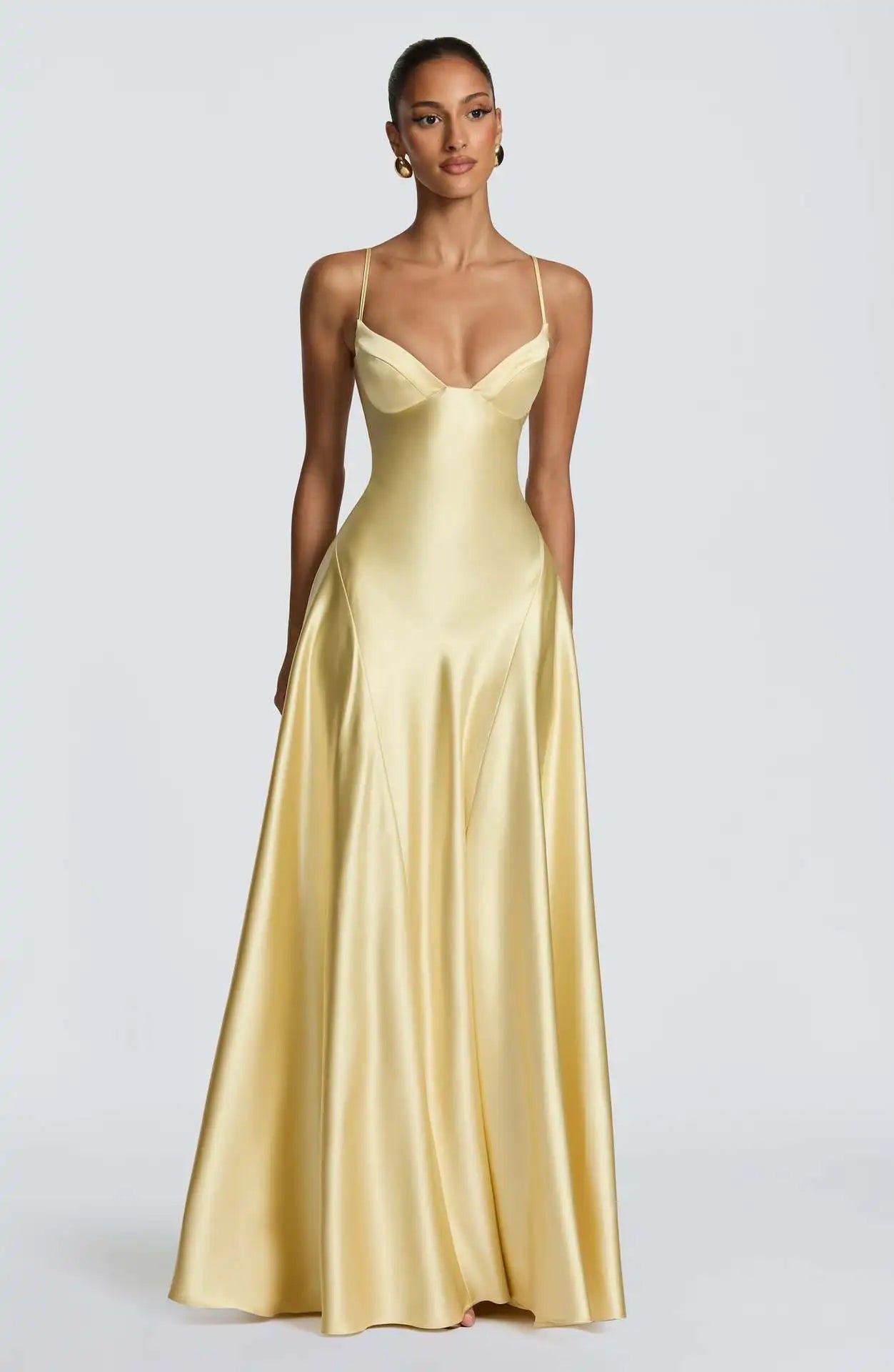 7 Types Mini and Maxi Satin Dress Elegant Satin Bustier Maxi Dress Women Yellow Spaghetti Strap V Neck A-Line Dresses Summer Lady Evening Formal Gowns.