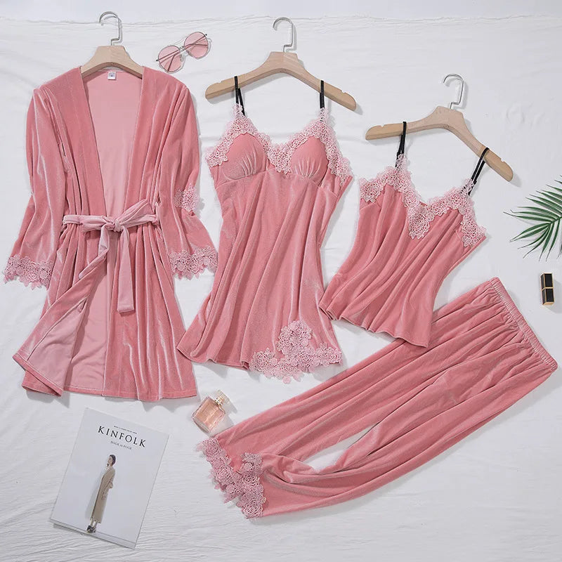 Luxury Velvet 4PCS Set M-2XL 4 Colors Pajamas Set Autumn Female Sleepwear Lounge Wear Sexy Burgundy Lace Bathrobe Nightgown Loose Velour Girls Ladies Luxury Home Wear Apparel Products