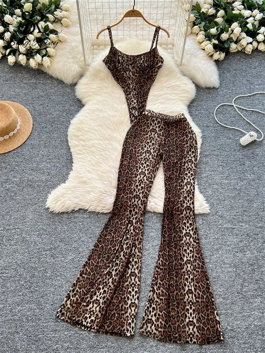 Newest Leopard 2PCS Suits UK Size Women Sexy Strap Tops +Elastic Waist Flared Pants American Ins Fashion Hot Sets