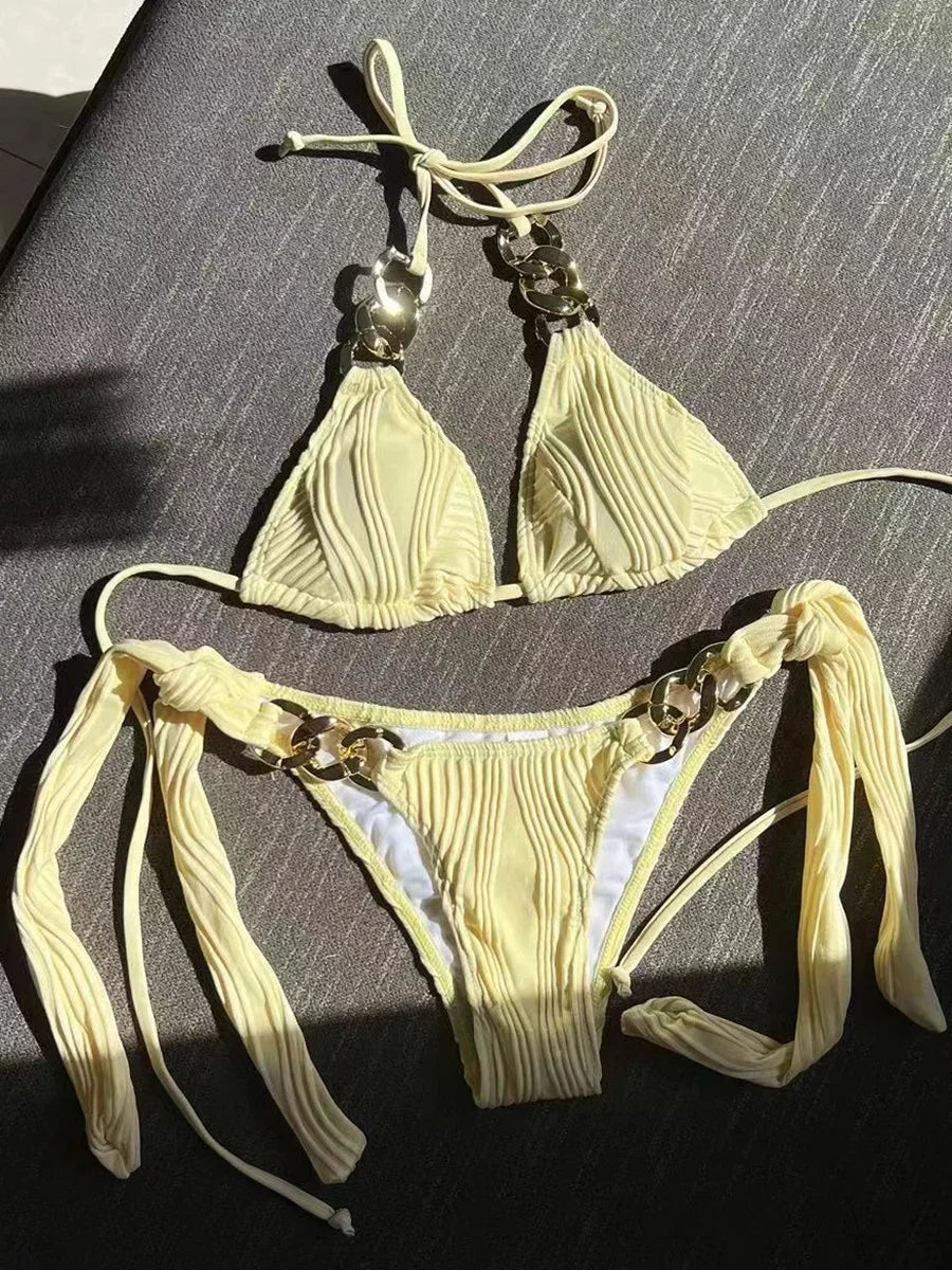 NEW 8 Colors Sexy Halter Metal Rings Bikinis Wrinkled Bikini Female Swimsuit Women Swimwear 2PCS Bikini Set High Cut Bathing Suit Swim Ladies Sexy Swimwear Bikini Set