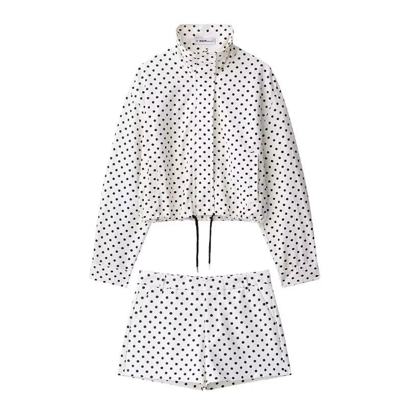 3 PCS Suit UK Size Woman Autumn Long Sleeves Turtleneck Zipper With Pockets Drawstring Casual Coats Women Fashion Polka Dot Jacket