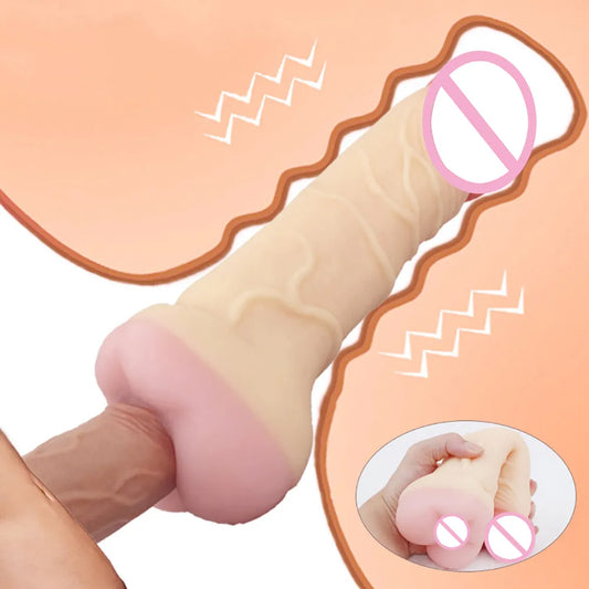 Adult 2 In 1 Realistic Pussy with Real Big Penis Enlarger Sleeve Vagina Anus Masturbation Sex Toys for Men Women Adult Erotic Supplies