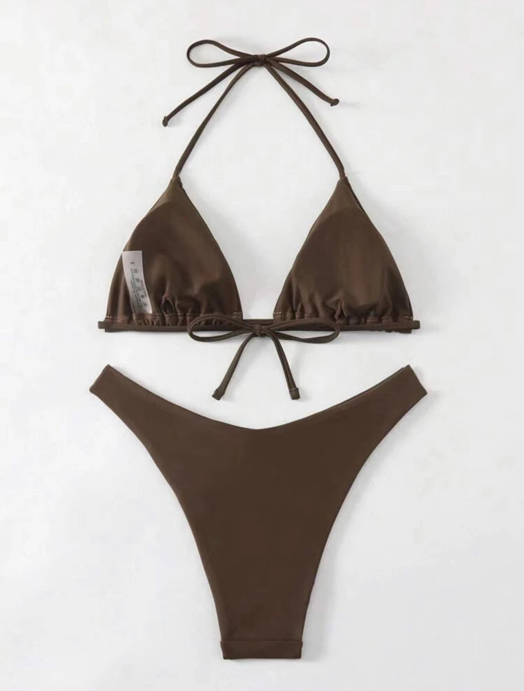 2 PCS Set UK 8-16 Size (S-XL)  8 Colors Women Thong Bikini Sexy Solid White/Black/Coffee Halter Swimsuit Lace Up Brazilian Bathing Suit New Double Fabric Beachwear