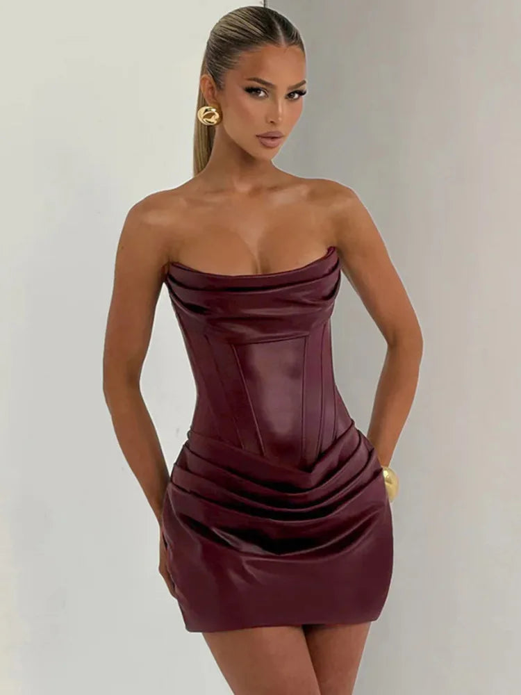 UK Size Burgundy/Black Color PU Leather Off-shoulder Strapless Sexy Mini Dress Women Gown Elegant Backless Sleeveless Ruched Club Party Luxury Dresses