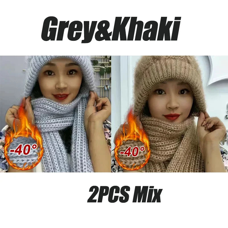 NEW 2 PCS Set 5 Colors Fleece Lined Cycling Beanie Scarf Set Women Thermal Windproof Knit Cap Snow Hood Winter Cold Weather Warm Set Outdoor Skiing Travel Hiking