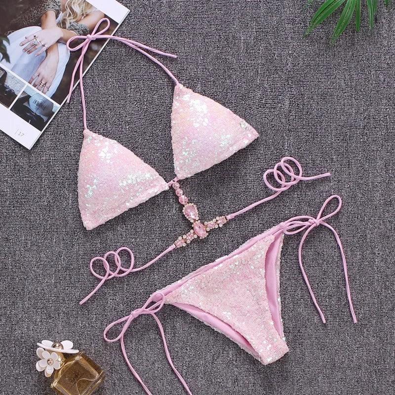 NEW Arrivals Shiny Sexy Bikinis Pink/Blue Color Swimsuit With Rhinestones Women Luxury Swimwear Female Push Up Bikini Beach Swim Wear Bathing Suits Swimming Pool Luxury Bikini