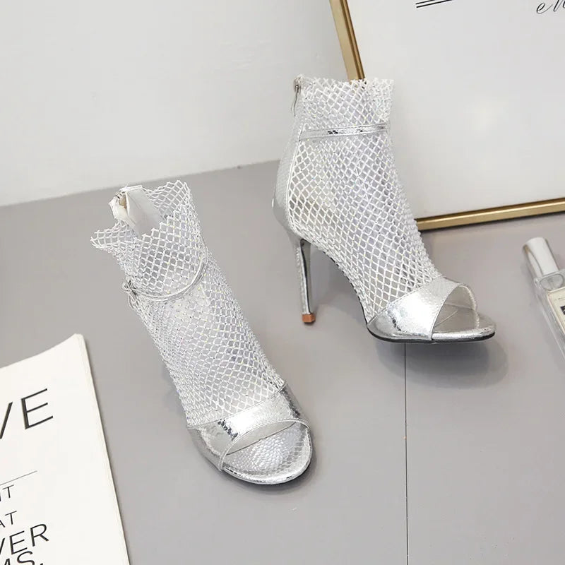 NEW Arrivals Sexy Fashion Rhinestone Fishnet Sandals Women Thin High Heels Peep Toe Rear Zipper Night Club Evening Party Shoes