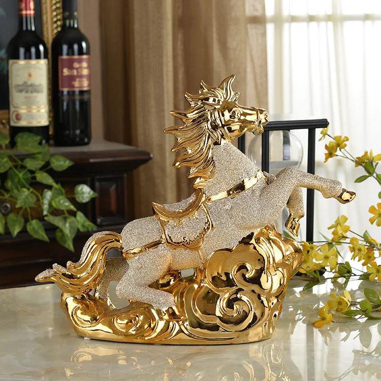 33 x 28cm Handmade Craft Modern high-end ceramic handicrafts fly yellow Tengda gold-plated horse ornaments home decorations housewarming gifts