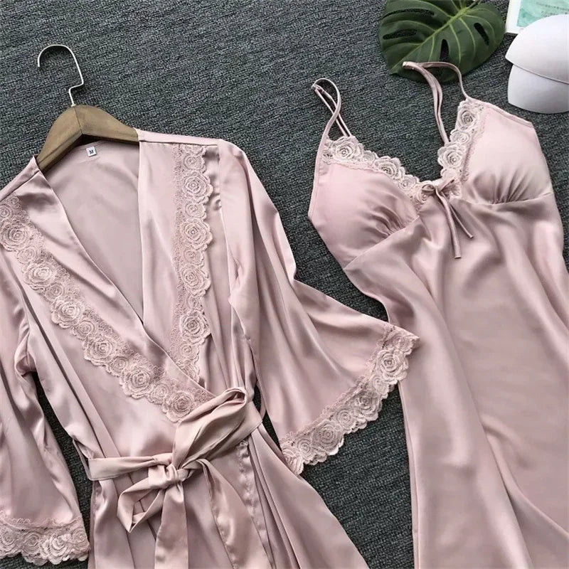 NEW 2PCS Set Female Lace Pajamas Set Satin Home Lace Robe Sleep Suit V-Neck Wedding Nightwear Silk Dress Women Sleepwear