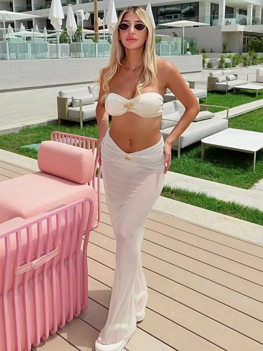 NEW Arrivals 3PCS Bikini Set Black/White Sexy Women Swimsuit Swimwear Female Solid Long Skirt Cover Up Bikini Set Brazilian Bikini  Bathing Suit Swimming Girls Ladies Beach Wear Suit