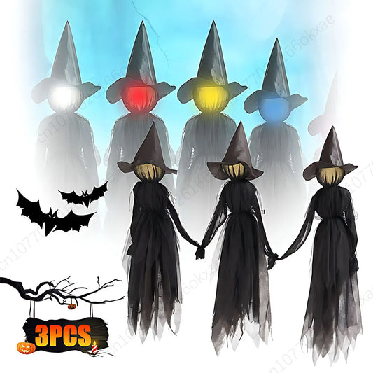 3PCS Halloween Colourful Glow Three Hand-Holding Witches Sound-Activated hand-holding Witch Halloween Light up Decoration Props