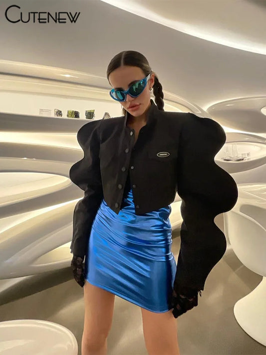 NEW Arrivals Solid Black Autumn Winter Women Jacket Fashion Stand-Up Collar Single-Breasted Lantern Sleeve Female Evening Rave Party Night Club Coat Streetwear Girls Casual Fashion Apparel Supplies