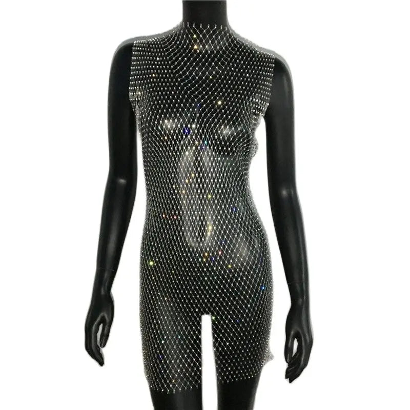 Fishnet Sparkly Rhinestone Sequins Party Dress Women Sexy See Through Side Split Hollow Dress Beach Bikini Cover Up Dress