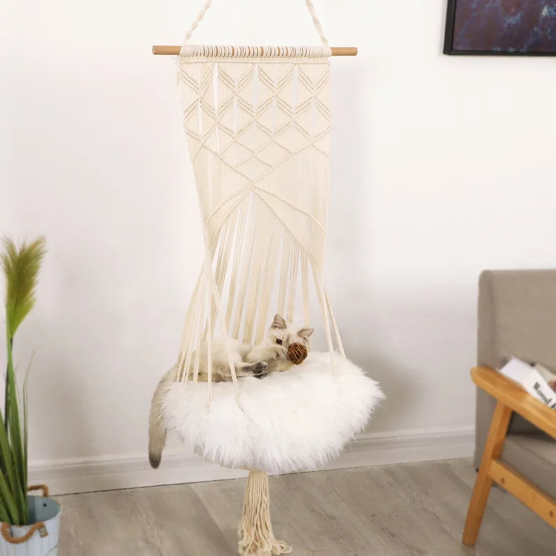 Cat Bed Cat Hammock Macrame Cat Swing Bed Cat Cage Cotton Rope Hanging Cat House Cats Toy Tassel Basket Tapestry