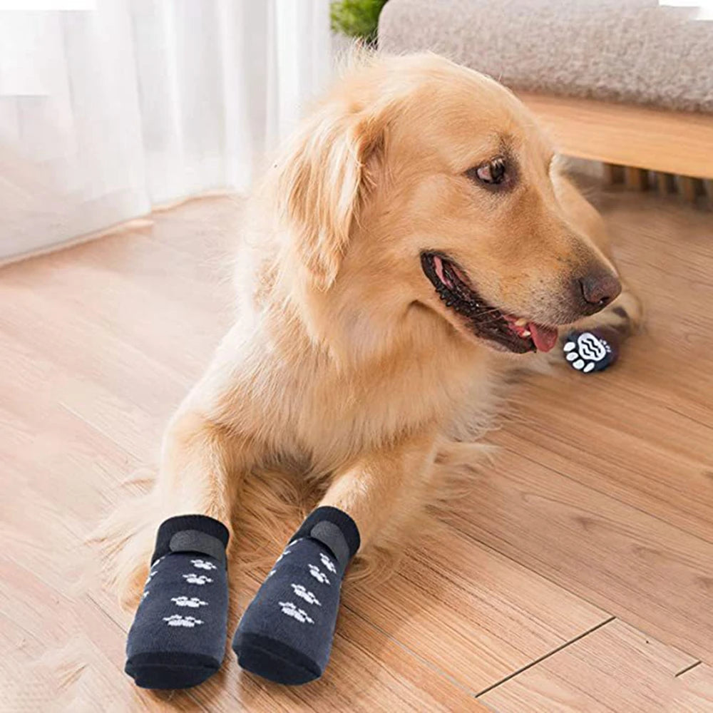 4Pcs Winter Warm Dog Socks Adjustable Anti Slip Skid Pet Shoes Socks Soft Breathable Paw Protector for Small Puppy Cat Dogs