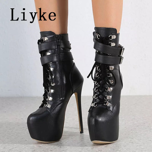 Autumn Winter Platform Boots For Women Sexy Round Toe Buckle Strap Pole Dance High Heels Pumps Fashion Lace-Up Runway Shoe