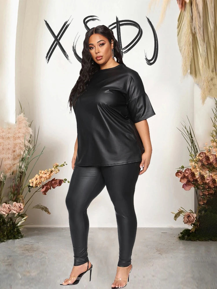 2 PCS Set XL-5XL Plus Size For Curvy Women and Big Girls Summer Clothes Leather Night Clubwear Outfit  Short Sleeve Blouse Top and Stretchy Leggings Ladies Suits in Black