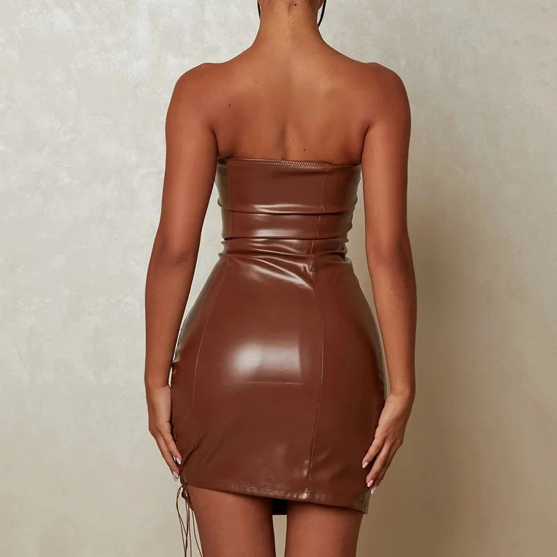 White and Black Color Women's Sexy PU Leather Cross Strap Hollow Out Slim Bodycon Dress Women Sleeveless Off Shoulder Mini Dress Evening Midnight Club Party Clothes