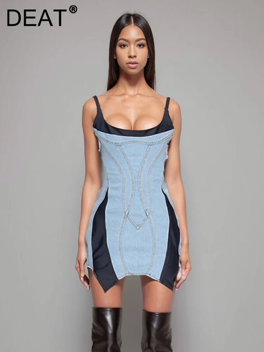 New Arrivals Fashion Women's Ladies Patchwork Elastic Denim Sling Dress Spring Autumn Trendy Sleeveless Wrap Hip Dresses Female 11XX8995 Female Girls Casual Fashion Clothing Supplies
