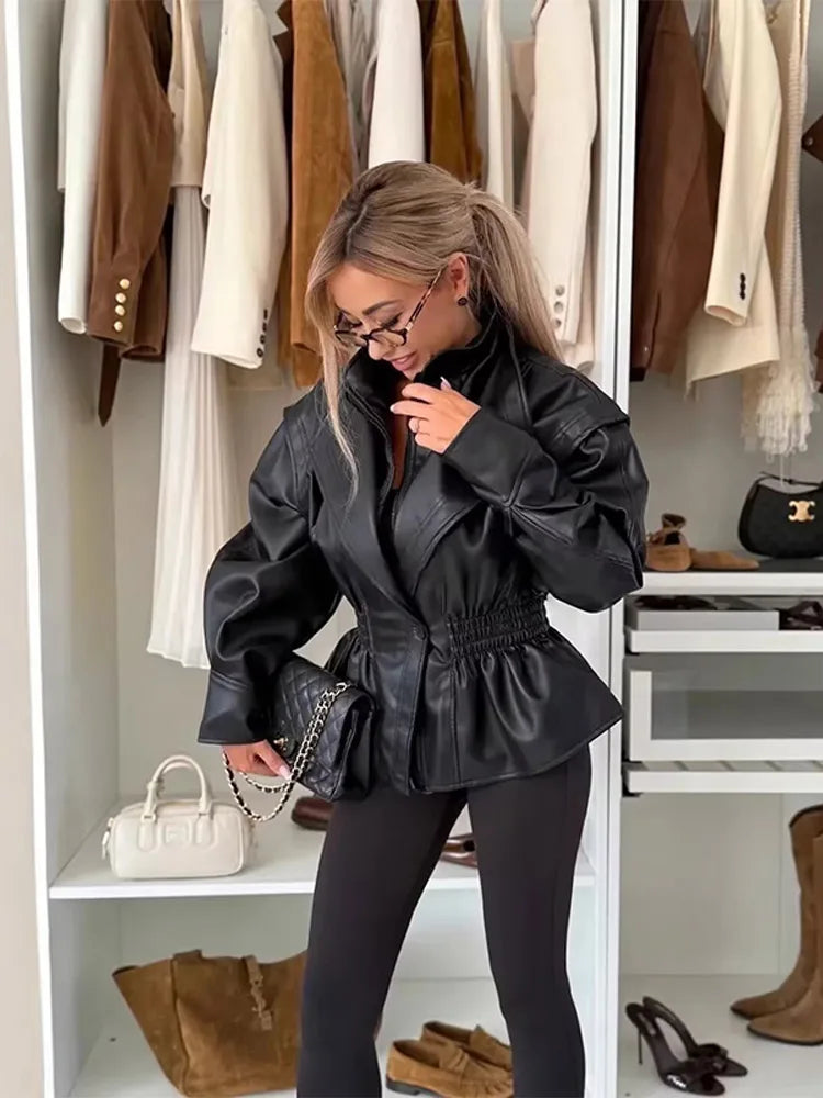 NEW Italian Design Turn-Down Collar Women Winter PU Leather Coats  Winter Autumn Zipper Slim Female Long Sleeve Elastic Waist Jacket Cool Girls Coat