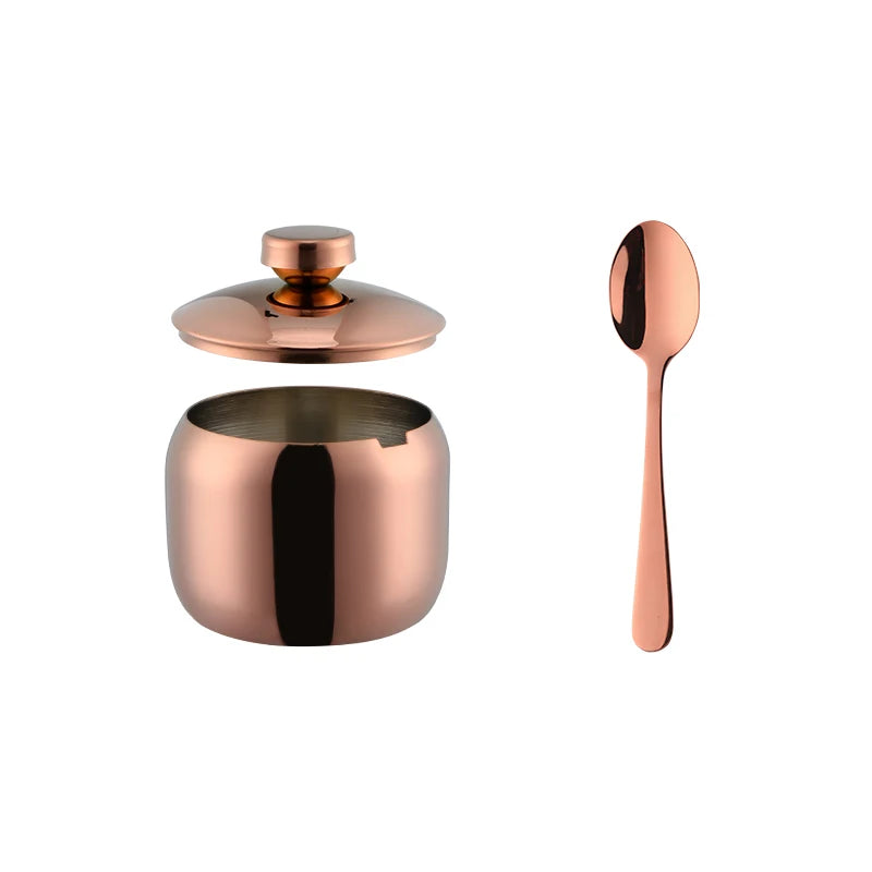 3 PCS Luxury Set + 3 Matching Spoons 304 Stainless Steel Gold Seasoning Condiment Pot Set Spice Salt Sugar Container Pepper Jar Tool with Lid and Spoon Holder Rack Home Tableware Tools Sets