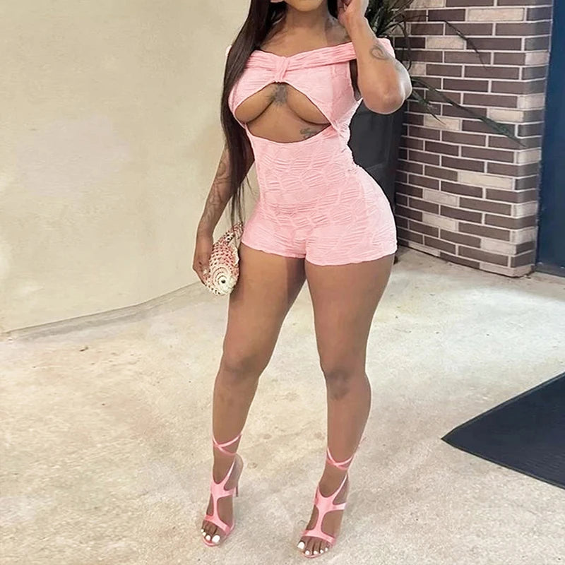 NEW Arrivals UK Size Hottie Sexy Pink Slash Neck Knitted Hollowed Out High Waisted Sleeveless Bodycon Hottie Girls Y2K Tight Summer Evening Beach Party Rompers