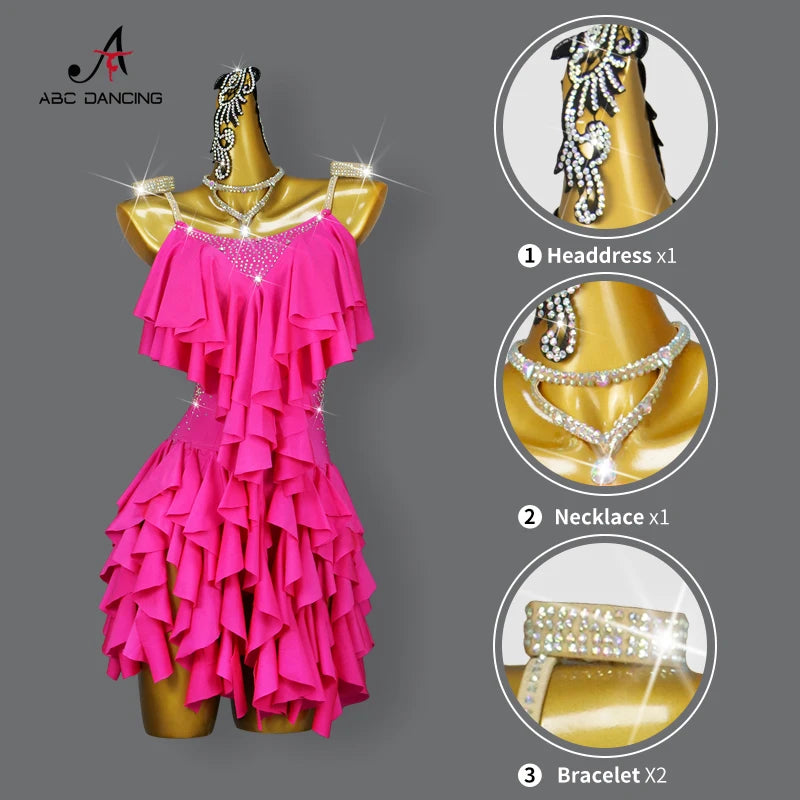 New Arrivals Adults/Kids XXS-2XL Latin Dance Dress With Jewelry Ornaments Set Ballroom Competition Dancing Costume Women's Sexy Clothing Girls Plus Size Ball Short Skirt Party Wear Line Suit Customized Ladies Dress