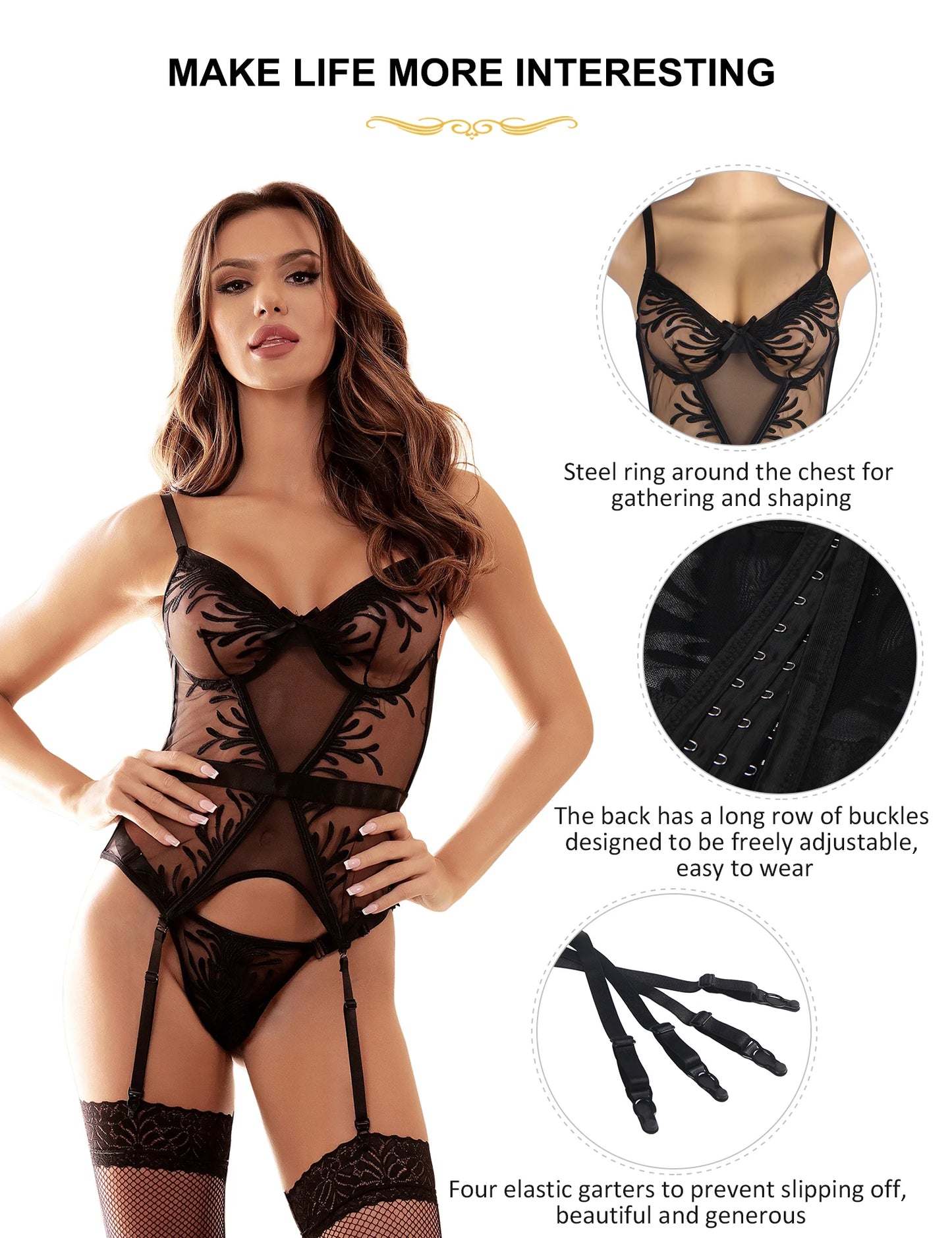 S-4XL Sexy Black See Through Suspender Lingerie Outfit Elegant Embroidery Babydoll With Strap Sexy Plus Size Bow Mesh Garter Women's Erotic Lingerie Supplies