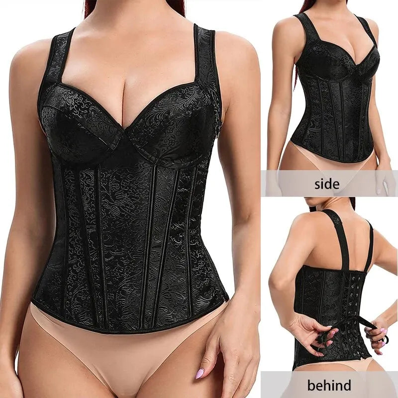 Women's Sexy V-Neck Shoulder Strap Tight Fitting Corset with Side Zipper Floral Jacquard Slim Fit and Shape Wear