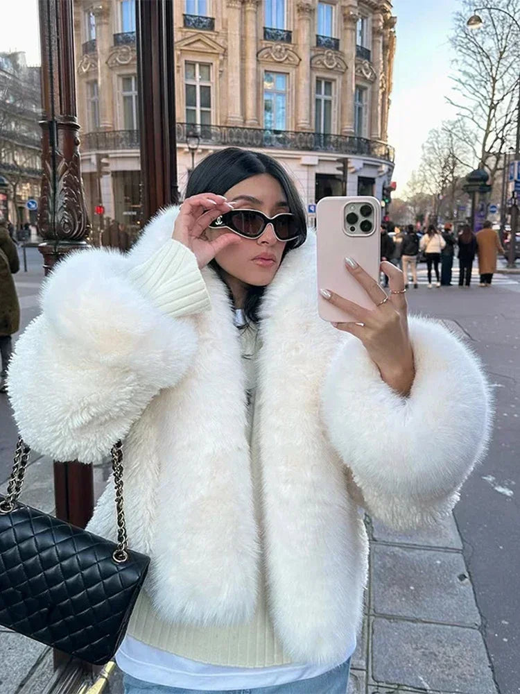 Black/White Color Winter Warm Fur Short Overcoat Women Solid Patchwork Full Sleeve Hooded Loose Thicken Coat Lady Daily Commute Winter Outwear