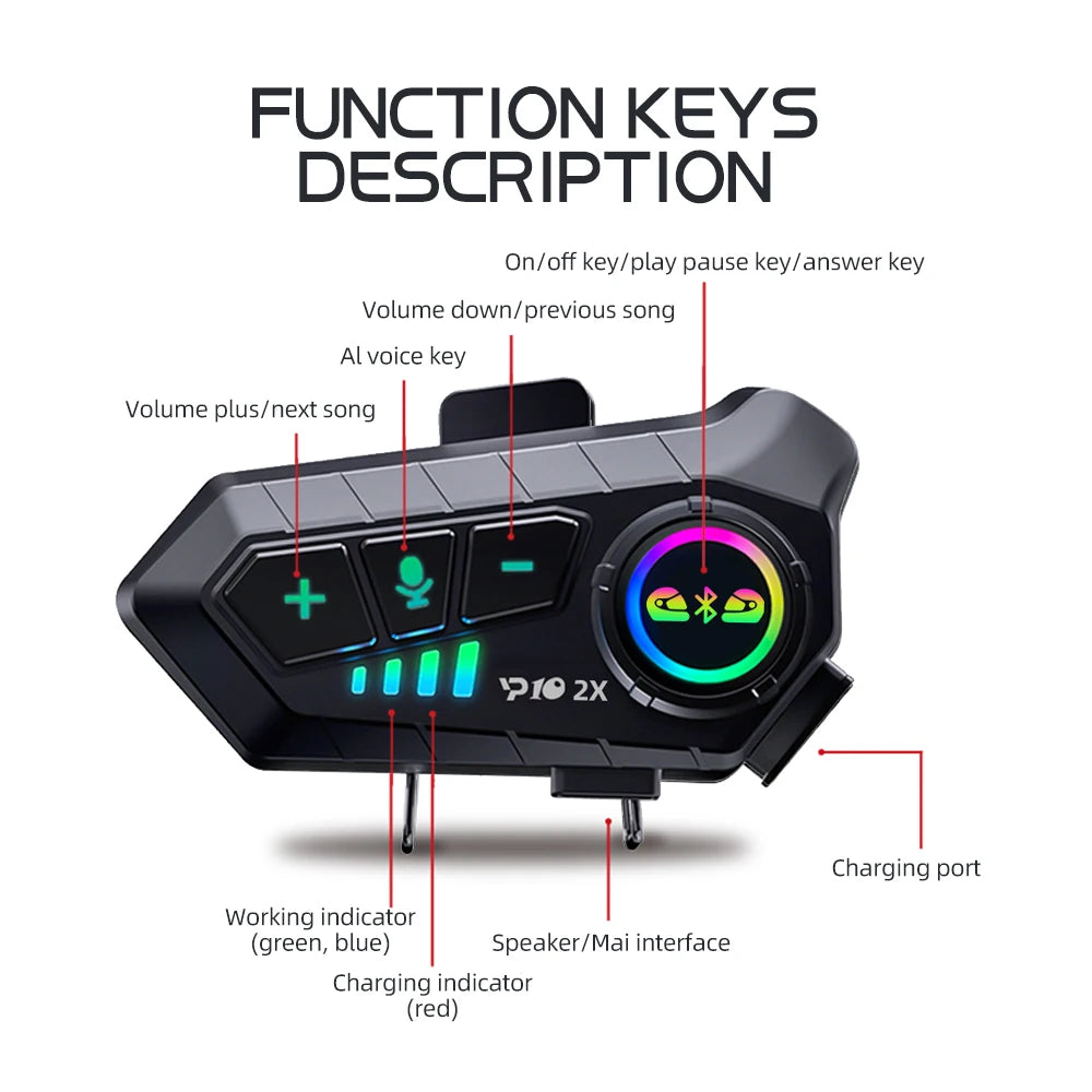 1/2x Music Interphone Bluetooth 5.3 Motorcycle Helmet Intercom Headset Waterproof 300m Play Music and Calls Simultaneously